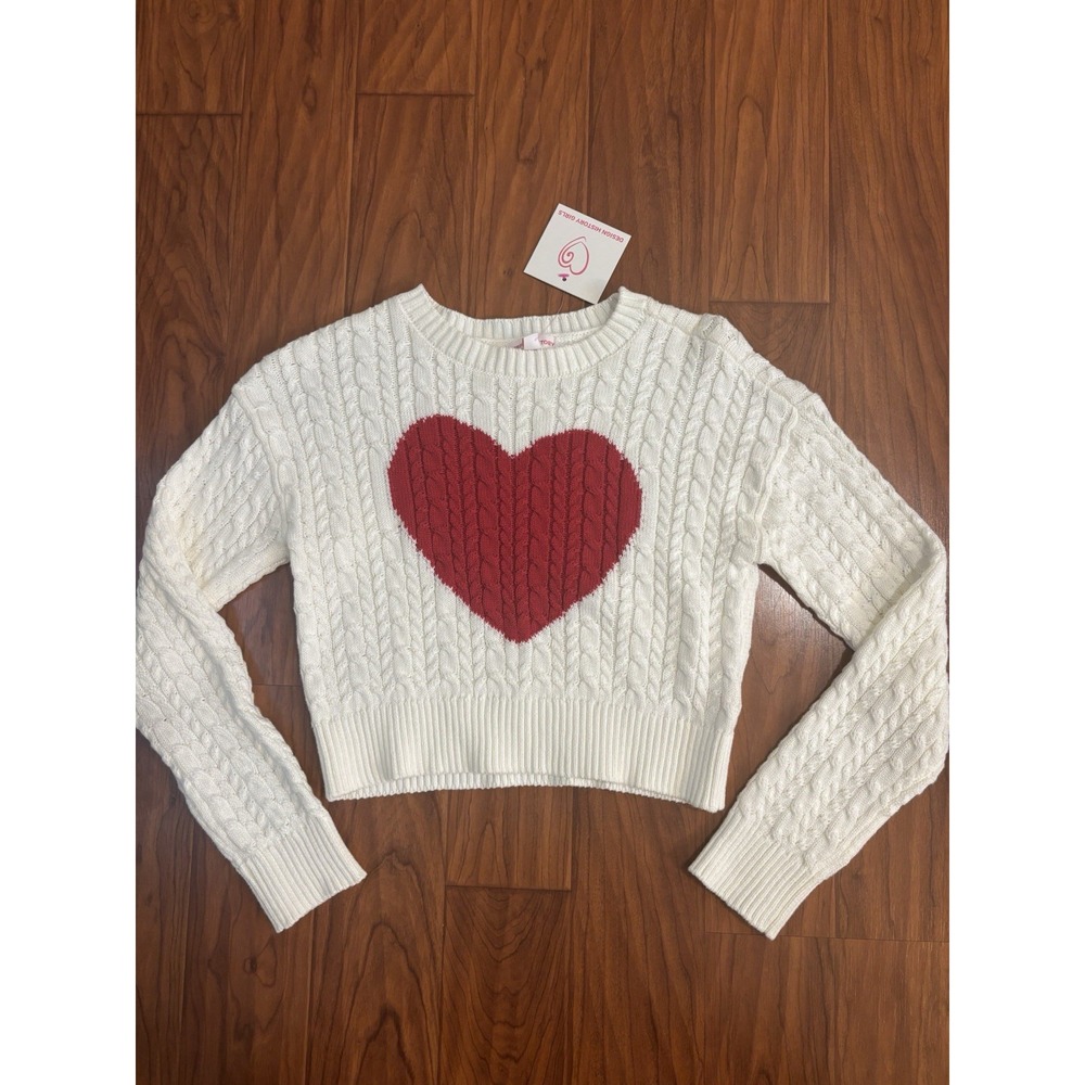 NWT Design History Girls Winter White Cable-Knit Sweater Red Heart Girls Small